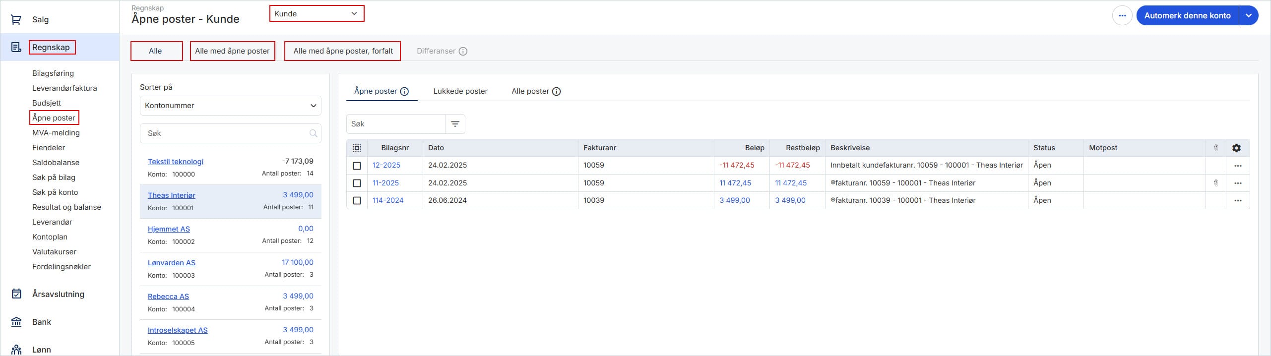 Åpne poster oversikt - Kunde. Bilde 1 Åpne poster oversikt - Kunde. Bilde 1
